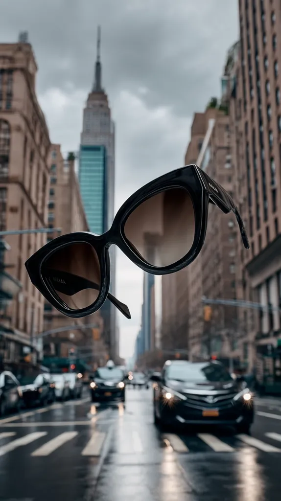 A pair of stylish black sunglasses floats in mid-air against a blurred backdrop of a New York City street.  The Empire State Building is visible in the distance, adding a distinctive urban feel.  Cars are softly focused in the foreground, creating a sense of motion and depth. The image is atmospheric, with a moody, overcast sky.