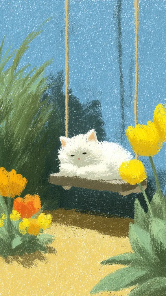 A white cat naps peacefully on a small wooden swing hanging against a vibrant blue backdrop.  Lush green grasses and bright yellow and orange tulips frame the scene, creating a tranquil and idyllic summer setting. The painting style is impressionistic, with visible brushstrokes contributing to a textured and dreamlike quality. The overall mood is calm and serene.