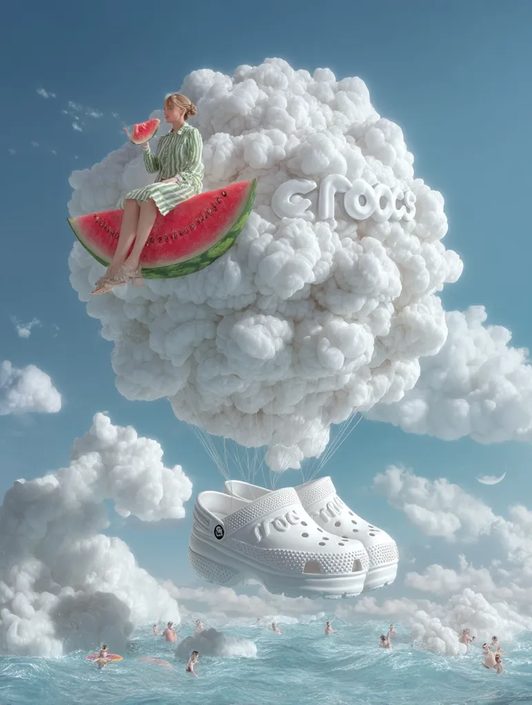 A woman sits on a watermelon slice atop a fluffy cloud shaped like the Crocs logo.  Below, a pair of white Crocs clogs floats on miniature parachutes above a calm ocean where people swim. The surreal scene is set against a bright blue sky with puffy white clouds.  The image is whimsical and playful, advertising Crocs footwear in a fantastical setting.