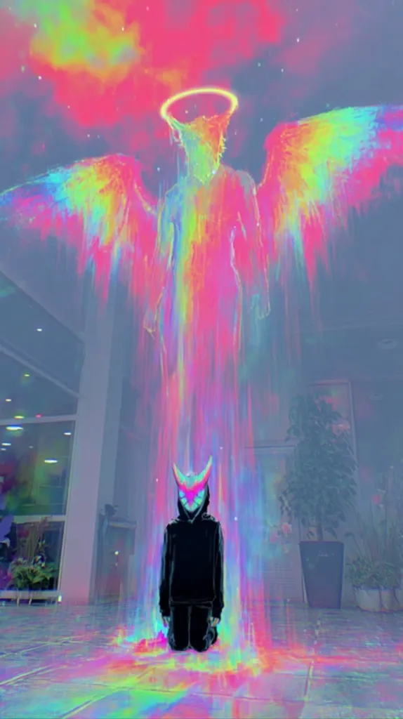 A vibrant, surreal artwork depicts a figure kneeling before a radiant, rainbow-hued angel. The angel, with large wings and a halo, emanates a luminous, colorful energy. The kneeling figure wears a dark hooded garment and a mask with horns, creating a striking contrast against the angel's ethereal glow. The scene is set in a modern indoor space, with plants and windows visible in the background. The overall style is digital art, with a dreamlike and otherworldly feel.