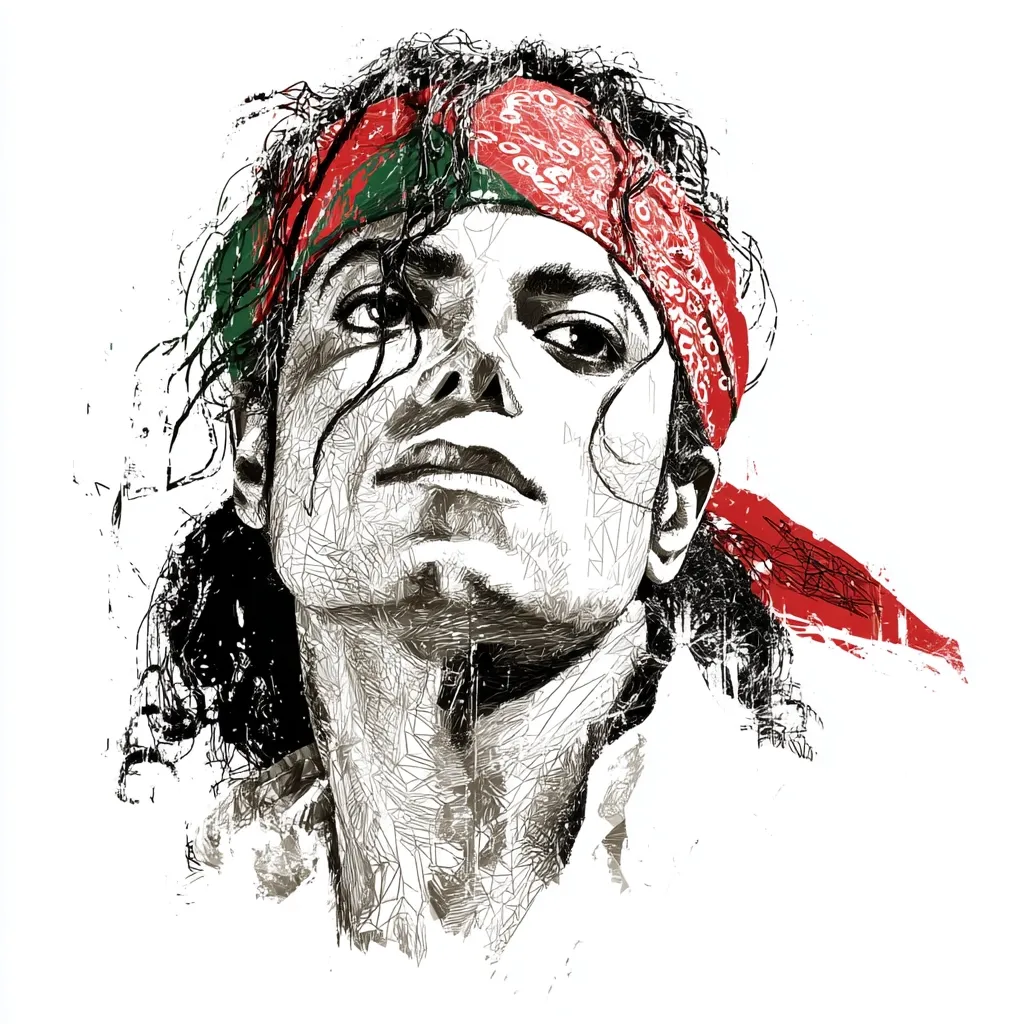 A stylized portrait of Michael Jackson, rendered in a striking monochrome sketch style.  His face is depicted with meticulous detail, contrasting with a more expressive, almost abstract rendering of his hair and clothing. A red and green bandana is prominently featured, adding a pop of color to the otherwise grayscale artwork. The overall effect is a powerful and evocative image, capturing the essence of the iconic singer.