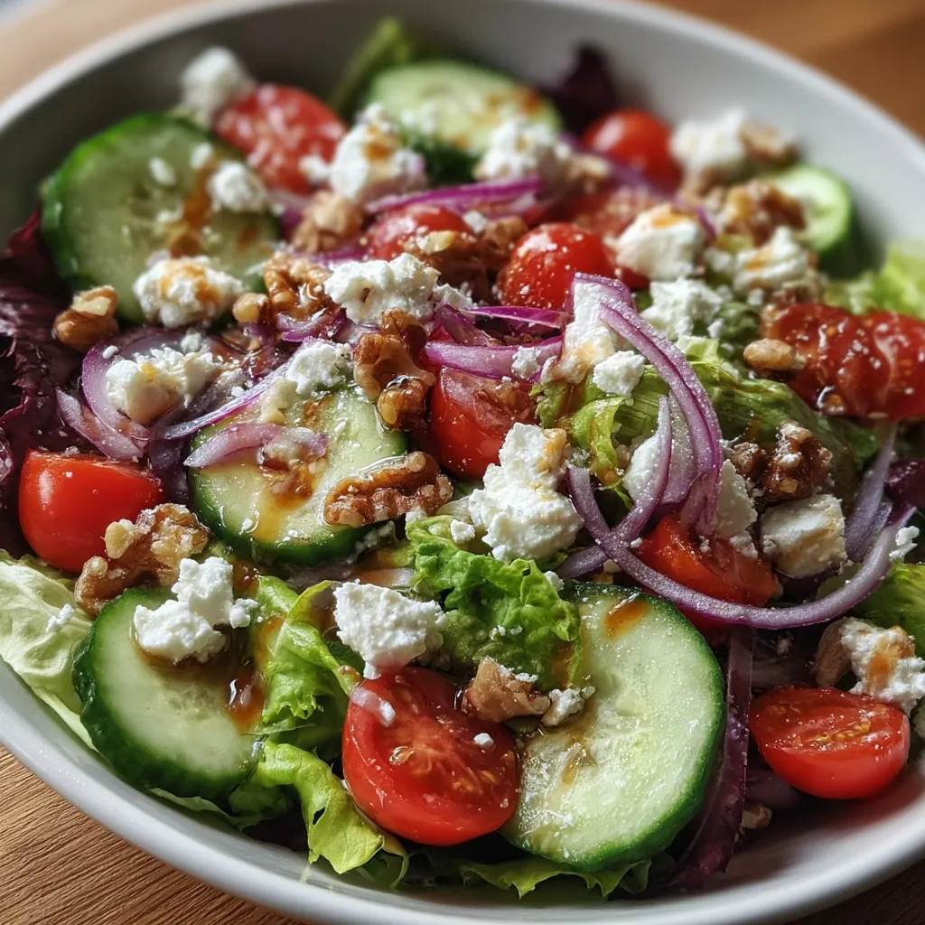 A vibrant salad brimming with fresh ingredients.  Crisp cucumber slices, juicy cherry tomatoes, and thinly sliced red onion are tossed with mixed greens.  Crumbled feta cheese and chopped walnuts add creamy and nutty textures, all bound together by a glistening dressing. The salad is presented in a shallow white bowl, showcasing its colorful and appetizing composition.