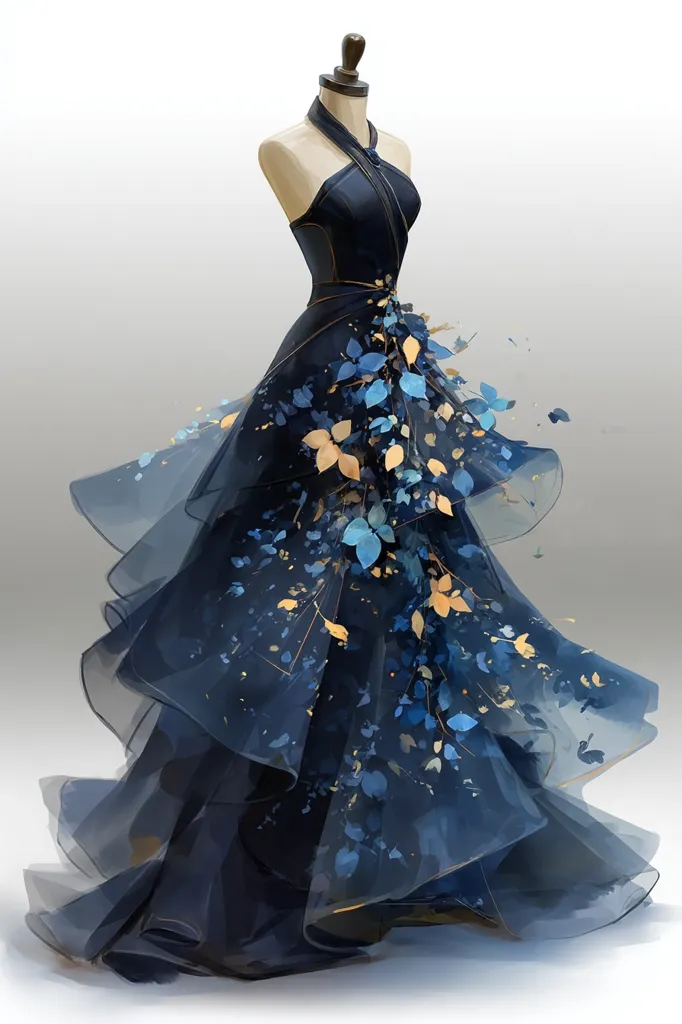 A stunning navy blue halter neck gown is showcased on a mannequin.  The layered tulle skirt is adorned with delicate blue and gold leaf accents, creating a whimsical, ethereal effect.  The dress boasts a fitted bodice and a flowing, voluminous skirt, perfect for a formal occasion. The overall impression is one of elegant sophistication and dreamy beauty.