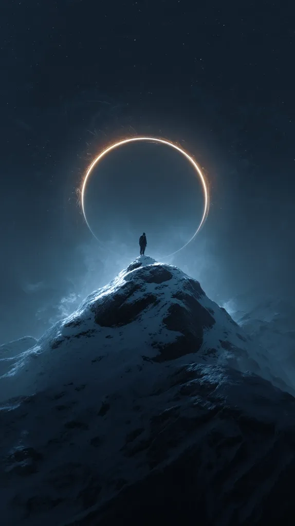 A solitary figure stands atop a snow-covered mountain peak under a vast, starlit sky.  A luminous, ring-shaped celestial phenomenon arcs above, creating a surreal and awe-inspiring scene. The dark silhouette of the person against the bright ring emphasizes their smallness against the grandeur of the cosmos and the icy landscape.  The overall mood is one of mystery and quiet contemplation.