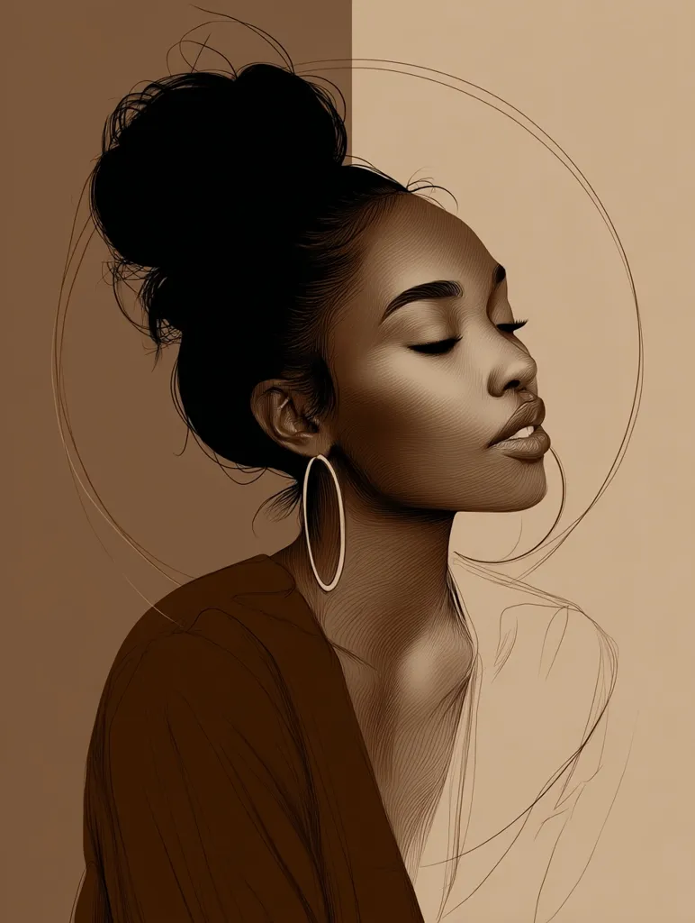 A sepia-toned illustration depicts a woman with dark skin and a high bun. Her eyes are closed, and she wears large hoop earrings.  She is dressed in a dark brown garment with a low neckline.  A subtle halo-like effect surrounds her head, adding to the serene and contemplative mood of the piece. The style is detailed, emphasizing soft lines and shading.