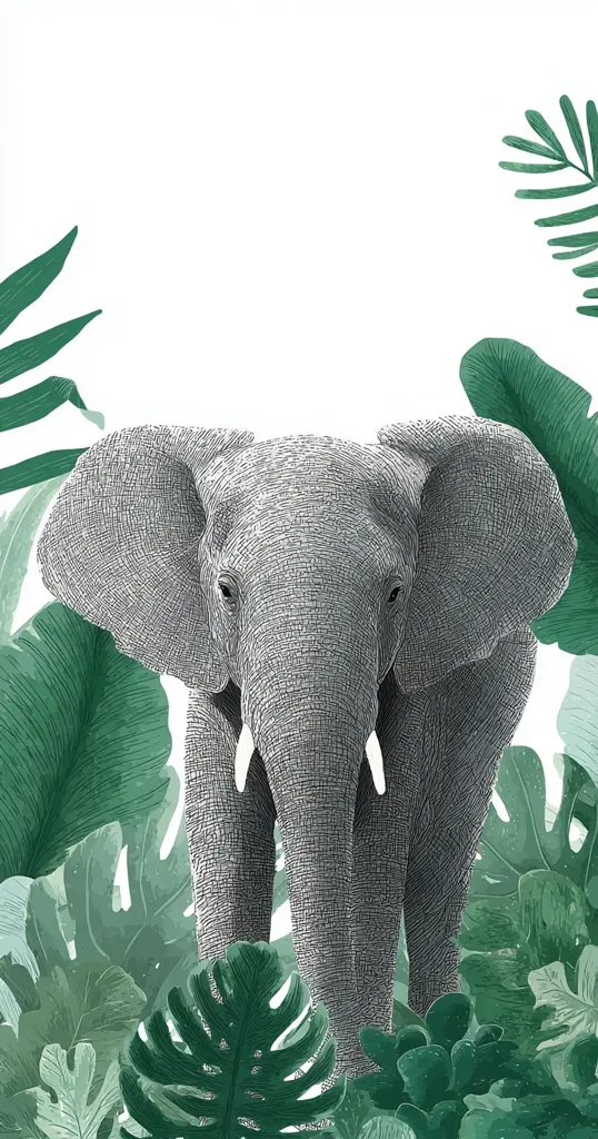A detailed illustration showcases a grey elephant standing majestically amidst lush, green tropical foliage. The elephant's textured skin and large ears are prominent, while the surrounding plants, including large leaves and smaller shrubs, create a vibrant jungle backdrop.  The composition is framed by the leaves, with the elephant centrally positioned against a white background.