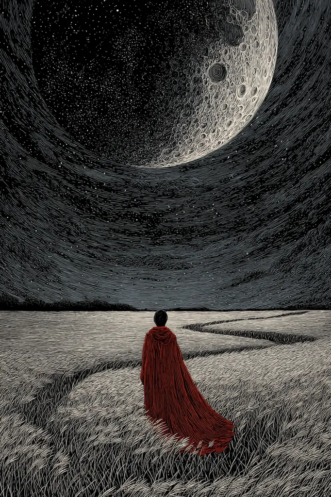 A lone figure, cloaked in red, walks through a field of tall grass under a vast night sky.  A large, detailed moon dominates the upper portion of the image, its craters and surface texture sharply defined against the starry backdrop. The scene evokes a sense of mystery and solitude, the small figure dwarfed by the immense celestial body above. The style is reminiscent of detailed line drawing or engraving.