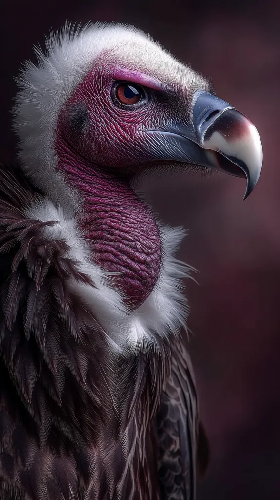 A close-up profile shot of a Rüppell's griffon vulture.  Its dark feathers contrast sharply with the vibrant, reddish-purple skin on its head and neck.  The bird's intense gaze is captivating, and the intricate details of its plumage are highlighted against a blurred, dark background. The image showcases the vulture's powerful beak and striking features with exceptional clarity.