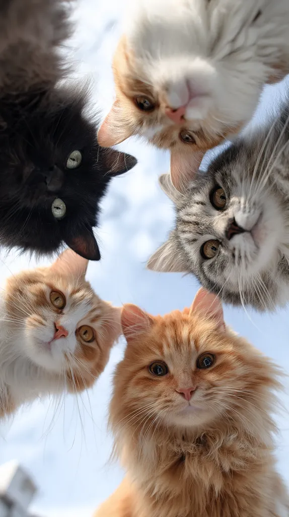 Five fluffy cats form a circle, looking up at the camera from below.  A black cat, a calico, a cream tabby, and two ginger cats are featured.  Their fur is soft and their expressions are curious and charming. The background is a bright, clear sky.