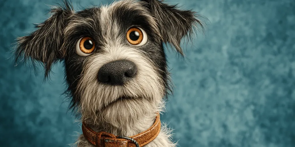 Close-up of a dog's face, possibly a terrier mix, with large, expressive amber eyes.  Its fur is a mix of black and white, appearing somewhat scruffy.  The dog wears a brown leather collar and is looking upward, creating a curious and slightly apprehensive expression. The background is a blurred teal.
