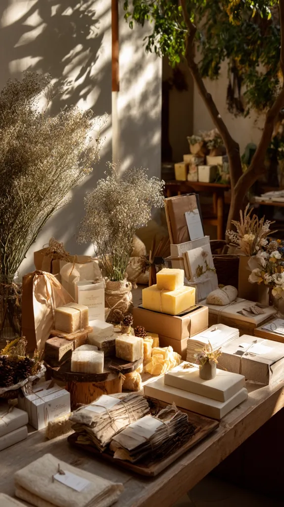 Sunlight streams into a rustic shop, illuminating a display of handcrafted soaps and natural products.  Bars of soap in various shapes and sizes are artfully arranged alongside stacks of hand-tied paper bundles and dried floral arrangements.  The scene evokes a feeling of warmth, handcrafted quality, and natural beauty.  Wooden surfaces and earthy tones create a calming and inviting atmosphere.