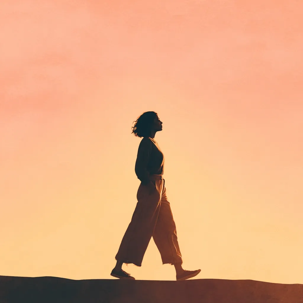 The silhouette of a woman striding across a landscape at sunset is captured in this image.  She walks confidently, her figure sharply defined against the warm, orange sky. The scene evokes a sense of freedom, independence, and peaceful contemplation as she journeys forward. The overall mood is serene and hopeful.
