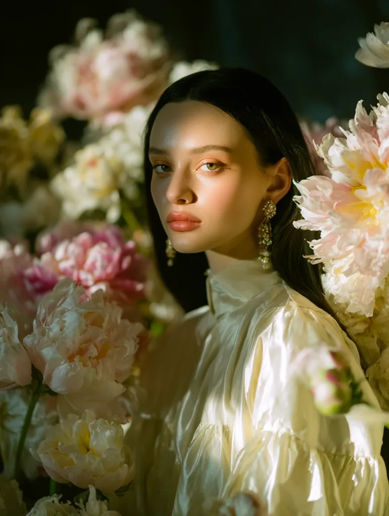 A young woman with dark hair and delicate features is the focal point of the image. She is adorned in a flowing, light cream-colored satin blouse with ruffled detailing. Sunlight streams across her face, highlighting her makeup and emphasizing the soft texture of the fabric. She is surrounded by a profusion of pale pink and cream-colored peonies, creating a lush, romantic atmosphere. The overall mood is serene and ethereal.