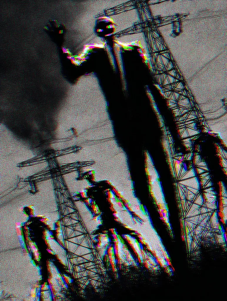 A distorted, glitch-art style image depicts several tall, slender figures walking towards the viewer.  The figures are dark silhouettes, almost skeletal in appearance, with a larger figure in the foreground appearing to wave.  They are set against a backdrop of tall electricity pylons, creating a bleak and unsettling atmosphere. The overall effect is surreal and somewhat ominous.