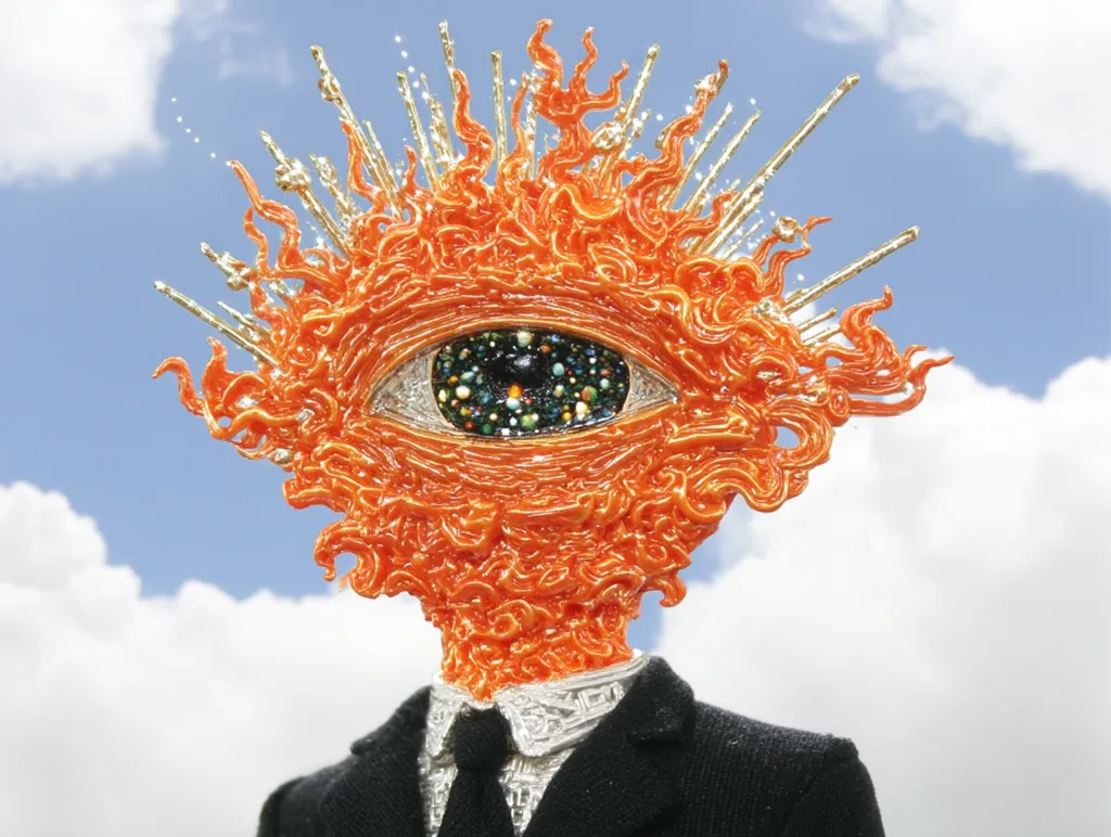 A surreal artwork depicts a figure with an orange, flame-like head featuring a large eye containing a miniature galaxy.  Golden, spiky protrusions radiate from the head. The figure wears a dark suit and stands against a bright blue sky with fluffy white clouds, creating a striking contrast between the celestial imagery and formal attire. The overall impression is one of otherworldly power and enigmatic beauty.