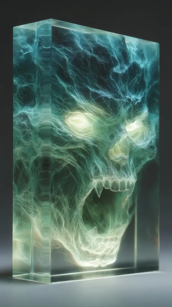 A translucent, cube-shaped sculpture encases a ghostly, snarling skull.  The skull is rendered in shades of teal and green, with glowing eyes, appearing ethereal and almost otherworldly within the clear resin.  Intricate, vein-like patterns spread across the skull's surface, adding to its spectral and unsettling beauty. The overall effect is both captivating and slightly disturbing.