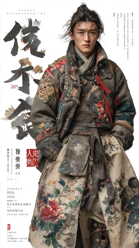 A promotional image for the Chinese historical drama "Fu Yan Che" features a man in elaborate, worn, embroidered clothing. The attire suggests a period piece, with rich detailing and textures that indicate age and hardship.  The man's stern expression and the stylized Chinese characters in the background heighten the dramatic mood. The overall aesthetic blends historical costuming with a gritty, visually striking presentation.