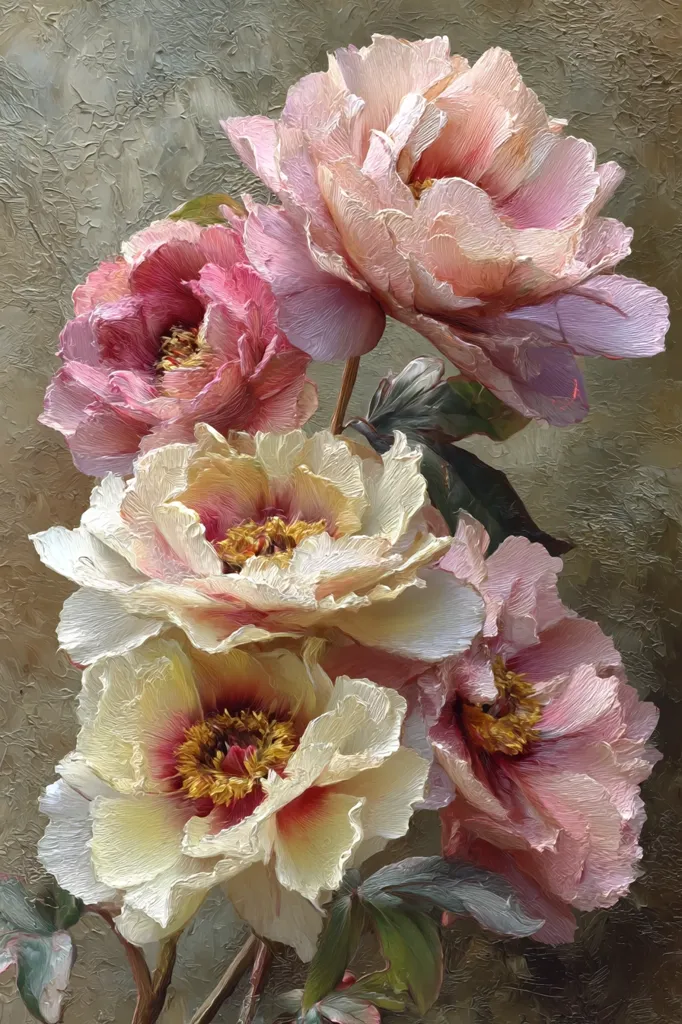 A lush bouquet of peonies, rendered in vibrant oil paint, dominates the composition.  The flowers, in varying shades of pink and cream, exhibit a remarkable textural detail, showcasing the artist's mastery of impasto technique.  The background, a muted olive-green, provides a sophisticated contrast to the blooms' delicate beauty, creating a classic and elegant still life.