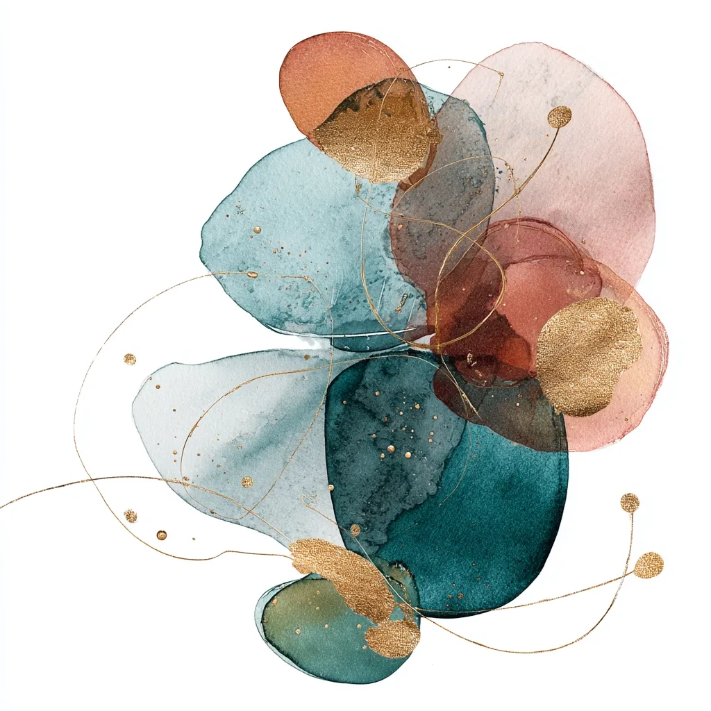 An abstract watercolor painting features overlapping organic shapes in muted teal, dusty rose, and burnt orange hues.  Delicate gold lines and flecks add a touch of shimmer and connect the forms, creating a sense of fluidity and movement. The composition is reminiscent of a stylized floral arrangement, with the color palette evoking a feeling of calm and sophistication.