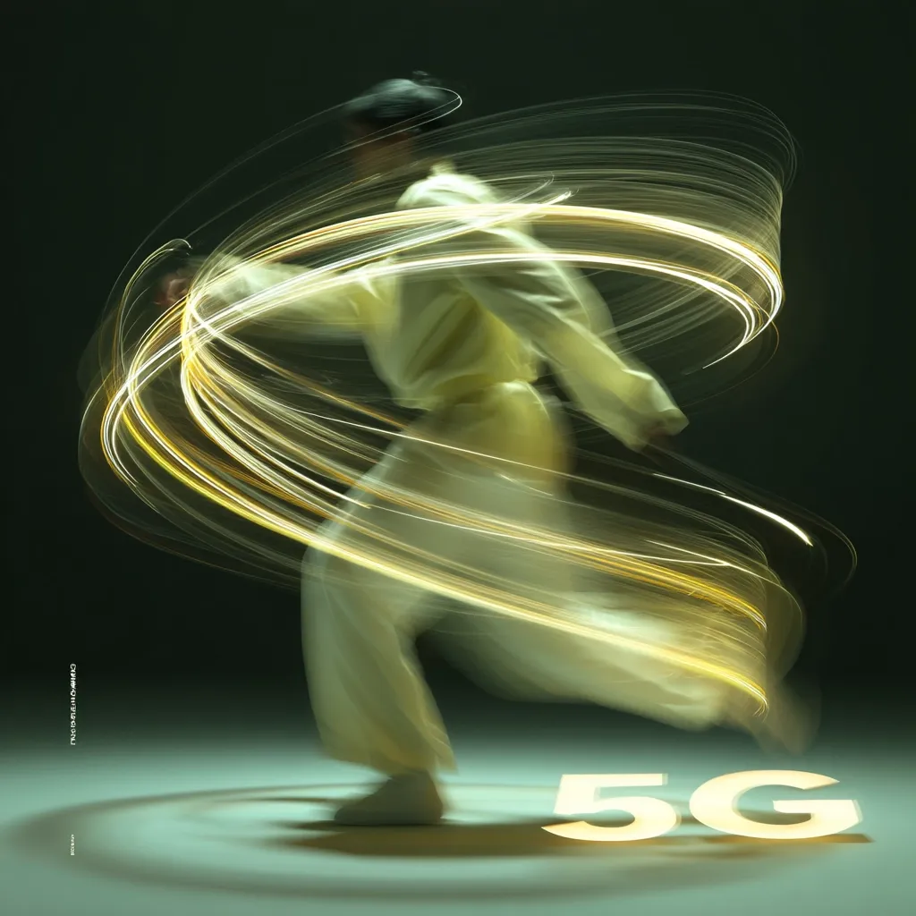 A blurred figure in light-colored clothing is dynamically captured in motion, surrounded by swirling streaks of golden light.  The image evokes speed and connectivity, with the prominent "5G" lettering suggesting the theme of advanced technology and its impact on speed and communication. The dark background enhances the vibrant light trails, creating a visually striking and abstract representation of 5G's capabilities.