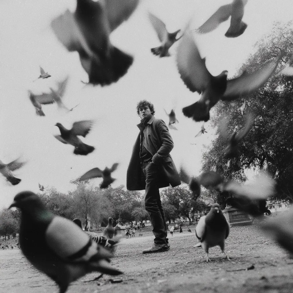 A young man with curly hair stands in a park, looking directly at the camera. He's wearing a coat and jeans.  Numerous pigeons surround him, some in sharp focus, others blurred, creating a dynamic and slightly chaotic scene. The monochrome photograph emphasizes the contrast between the stillness of the man and the fluttering birds. The background shows trees and a glimpse of other people in the distance.