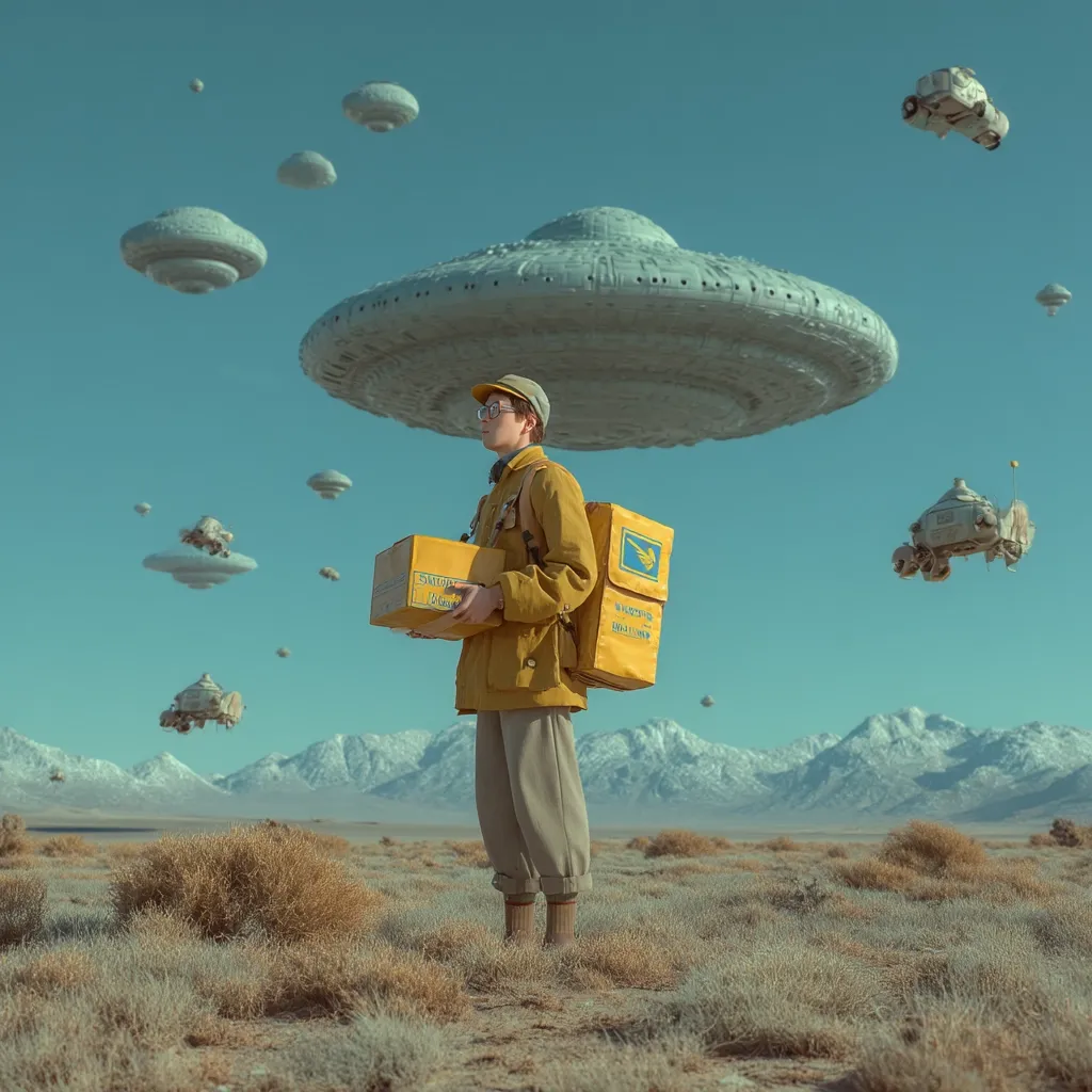 A young postman, clad in a yellow uniform, stands in a desolate, mountainous landscape.  He carries a package and wears a satchel, both emblazoned with a yellow bird logo.  Above him, numerous flying saucers hover in the pale sky, some small, others enormous, creating a surreal and otherworldly scene.  The overall tone is nostalgic and dreamlike.