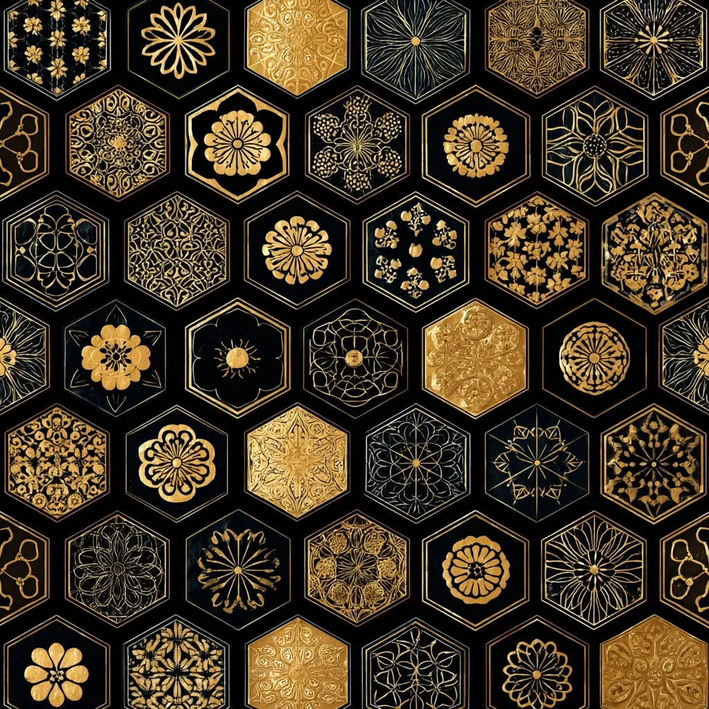 A repeating pattern of gold hexagonal tiles on a black background. Each hexagon features a unique ornate design, including flowers, geometric shapes, and intricate mandalas. The gold detailing is richly textured, giving the impression of metallic leaf or embossing.  The overall effect is luxurious and sophisticated, reminiscent of traditional Asian or Islamic art.