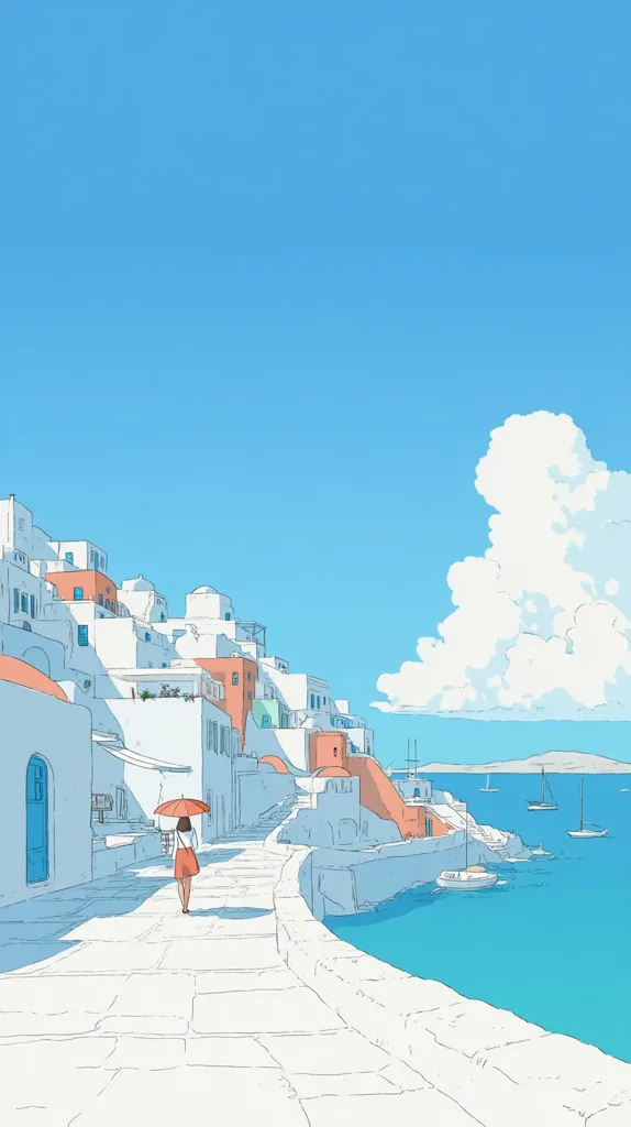 A stylized illustration depicts a woman walking along a seaside path in a whitewashed village.  The buildings climb a hillside, overlooking a calm turquoise sea with several boats.  A bright blue sky features a fluffy white cloud. The woman carries an orange umbrella, adding a pop of color to the serene, minimalist scene. The overall style is clean and light, evoking a peaceful, summery atmosphere.