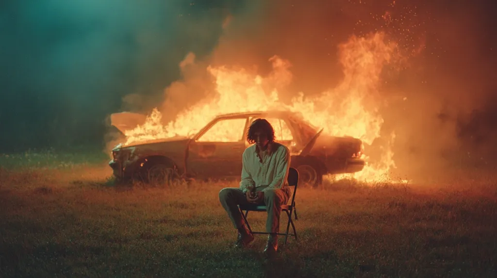 A young man sits pensively on a folding chair in a field at night. Behind him, a car is engulfed in flames, casting an eerie orange glow.  The scene is dramatic and atmospheric, suggesting loss, despair, or perhaps a moment of reflection following a significant event. The dark background and contrasting colors enhance the somber mood.
