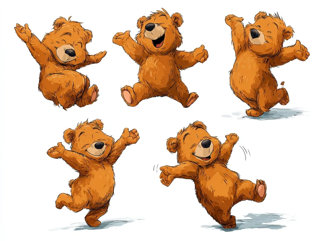 Five playful brown bear cubs are depicted in various joyful poses.  Each cub is shown in a different dynamic action, radiating happiness.  Their expressions are cheerful, and their fur is textured and realistically rendered against a white background. The bears appear to be celebrating or enjoying themselves.