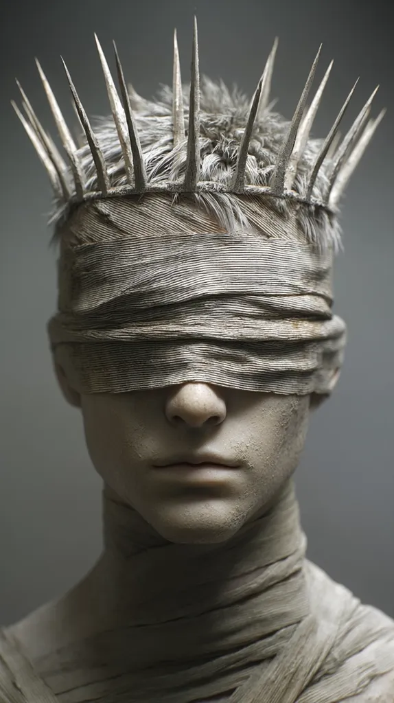 A close-up shot reveals a figure adorned with a crown of sharp, pointed elements.  The figure's eyes are covered by a thick, textured blindfold.  The skin appears pale and textured, possibly sculpted or painted, and the neck and shoulders are wrapped in similar material. The overall aesthetic is somber and dramatic, suggesting a theme of concealment or unseen power.