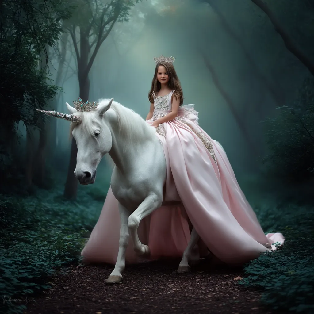 A young girl, adorned in a pink princess gown and crown, sits atop a majestic white unicorn.  The ethereal scene unfolds in a misty, enchanted forest, the unicorn's horn gleaming subtly.  The girl's long hair flows around her as the unicorn gracefully strides through the woodland path, creating a whimsical and magical image.  The overall mood is dreamlike and fairytale-esque.