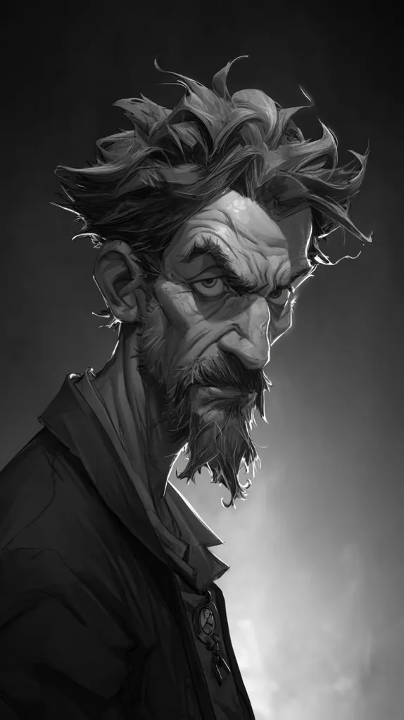 A grayscale portrait showcases a man with intense eyes and a weathered face, his expression a blend of weariness and determination. His disheveled dark hair contrasts with his neatly trimmed goatee.  He wears a dark, possibly woolen, coat, suggesting a rugged lifestyle. The lighting emphasizes the texture of his skin and hair, creating a dramatic, almost melancholic mood.  A small pendant hangs from his neck.