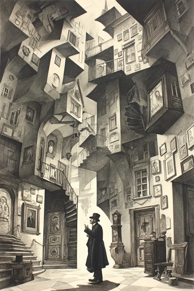 A monochromatic illustration depicts a man in a top hat, standing in a surreal, multi-level interior.  Buildings and staircases defy gravity, intertwining in a complex, Escher-like structure.  Numerous framed portraits and pictures adorn the walls, adding to the labyrinthine atmosphere. The overall style is detailed and reminiscent of a 19th-century etching, creating a sense of depth and mystery.