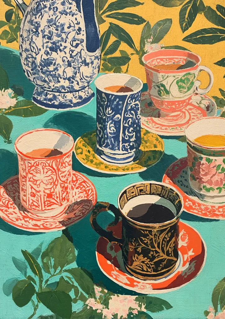 A vibrant still life depicts five teacups and saucers, each with unique ornate designs, arranged on a teal tablecloth.  A large blue and white porcelain creamer sits prominently in the background. The cups contain varying beverages, suggesting tea and coffee. Lush green foliage adds depth to the colorful scene, set against a sunny yellow backdrop. The overall style is bold and painterly, with strong color contrasts.