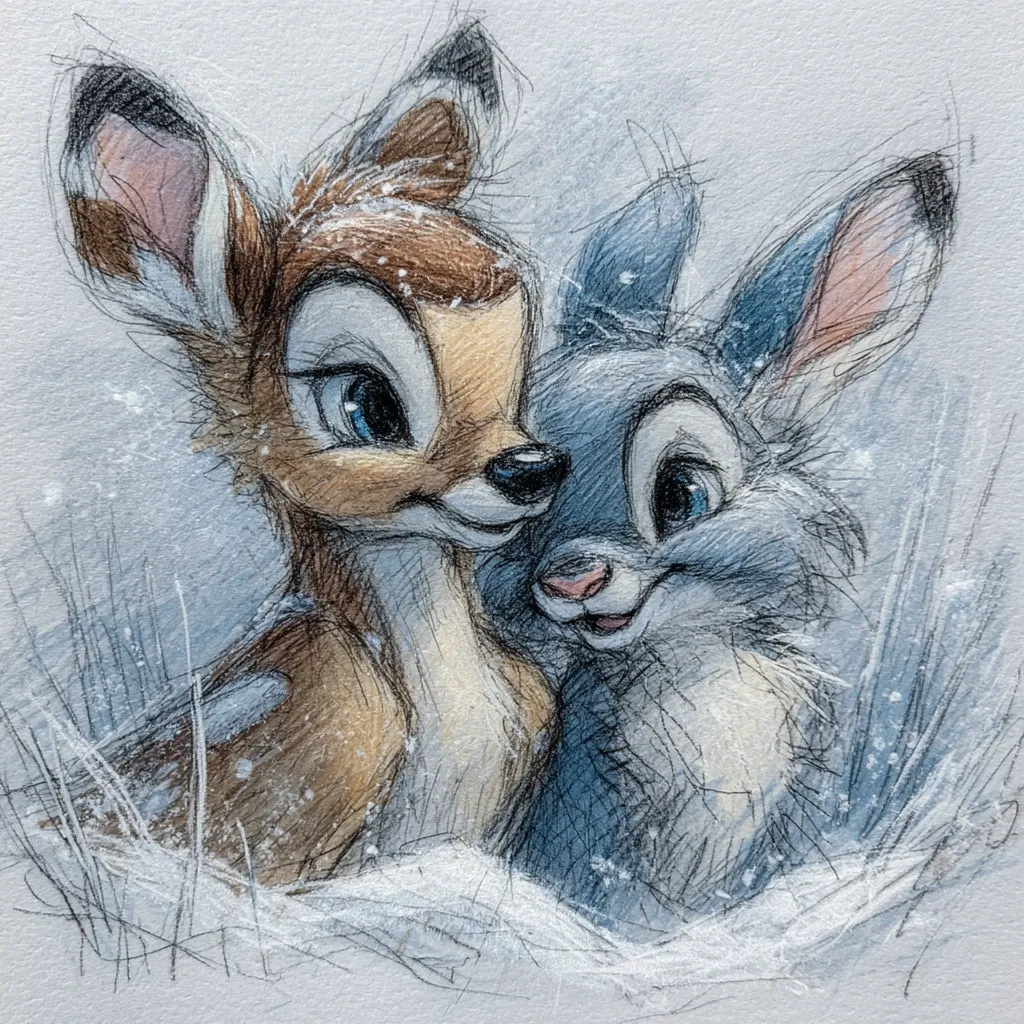 A charming pencil sketch depicts Bambi, the fawn, nestled closely beside Thumper, the rabbit.  Both Disney characters are rendered in a soft, whimsical style, with delicate shading suggesting a snowy winter scene.  Their expressions are gentle and endearing, creating a heartwarming image of friendship and companionship. The light snowfall adds to the peaceful atmosphere.