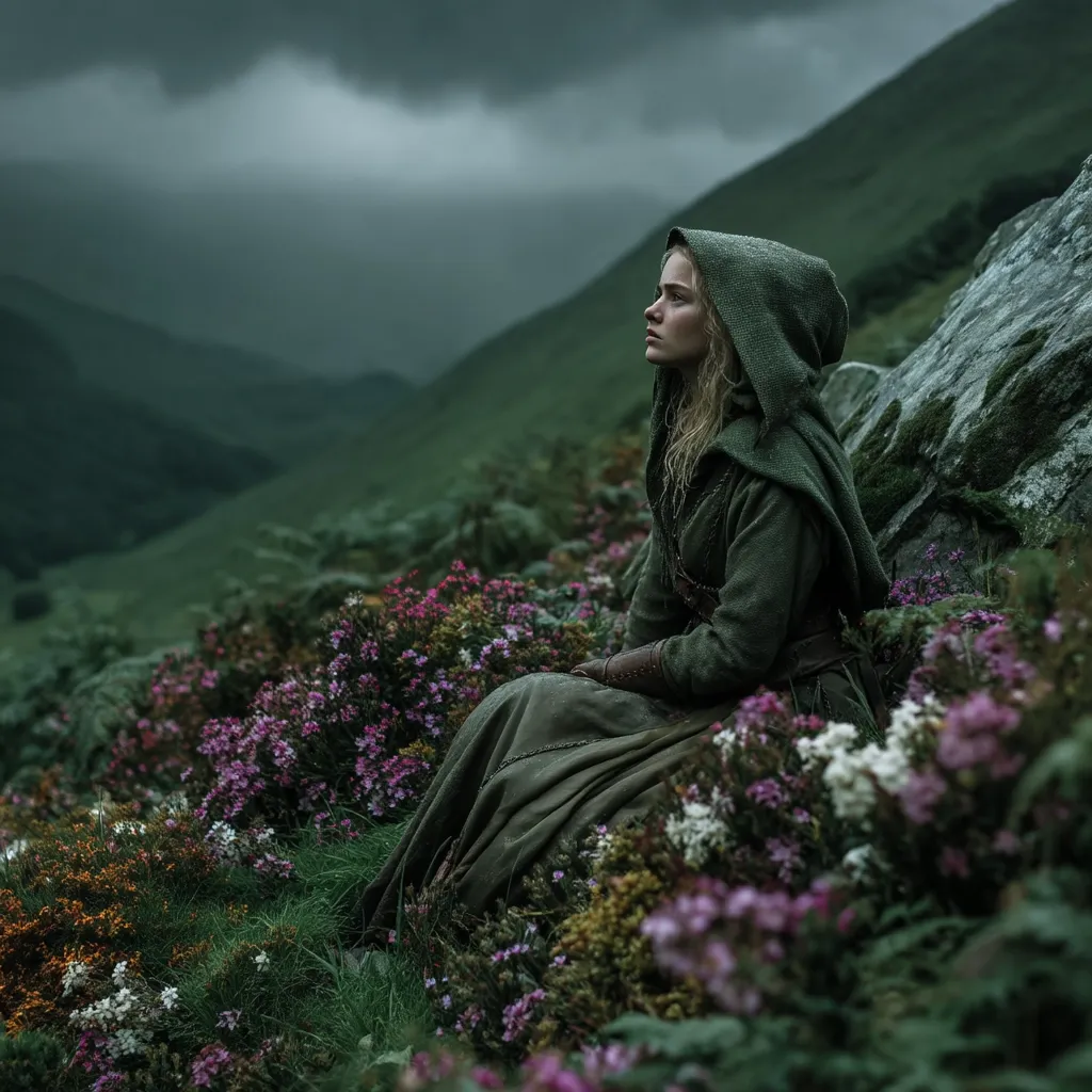 A young woman, cloaked in dark green, sits amidst a vibrant field of wildflowers.  Her gaze is directed towards a rolling, verdant landscape under a brooding, overcast sky.  The scene evokes a sense of solitude and contemplation, framed by imposing hills and a large rock behind her.  Her attire suggests a medieval or fantasy setting.
