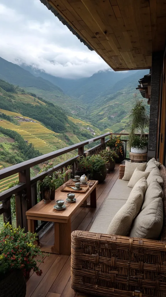 A serene balcony overlooks breathtaking terraced rice fields nestled in misty mountains.  Wooden furniture, including a comfortable wicker sofa and low wooden table set with teacups, creates a peaceful outdoor space. Lush potted plants add to the tranquil ambiance, offering a stunning view and a relaxing atmosphere.