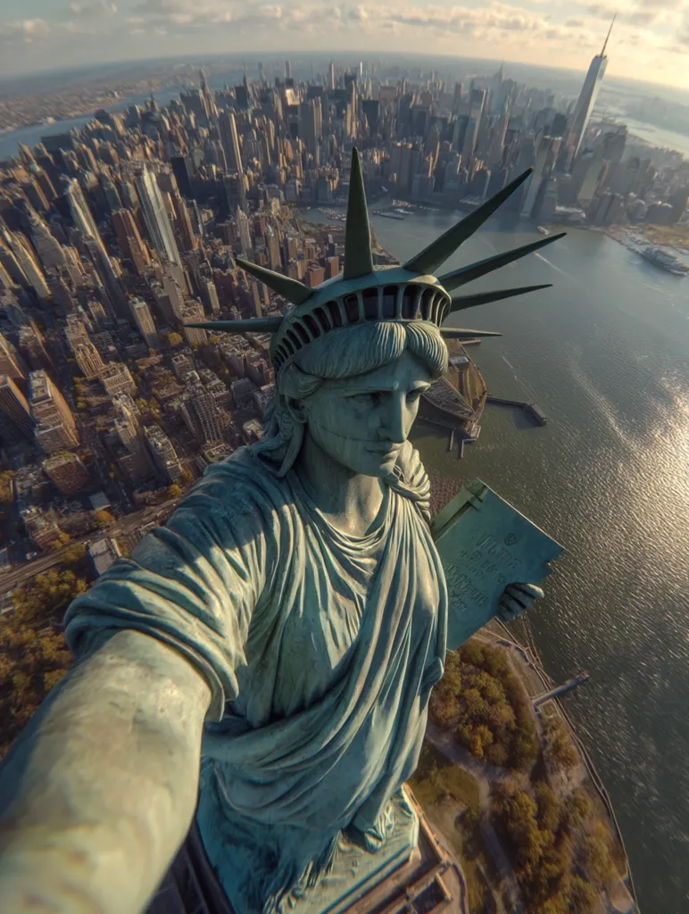 A dramatic selfie from the Statue of Liberty's arm, showcasing a breathtaking panoramic view of the New York City skyline.  The iconic statue's weathered bronze details are visible, contrasting against the sprawling cityscape and the glistening waters of the harbor.  The One World Trade Center is visible in the distance, adding to the magnificent urban landscape. The image captures a unique perspective of this famous landmark.
