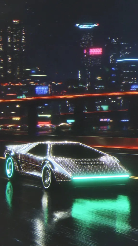 A futuristic, chrome-like sports car speeds through a rain-slicked city street at night.  Neon lights illuminate the cityscape, creating a vibrant, retro-futuristic atmosphere reminiscent of 1980s cyberpunk. The car gleams, its surface reflecting the city's bright lights and dark shadows.  The overall mood is one of stylish speed and technological advancement.