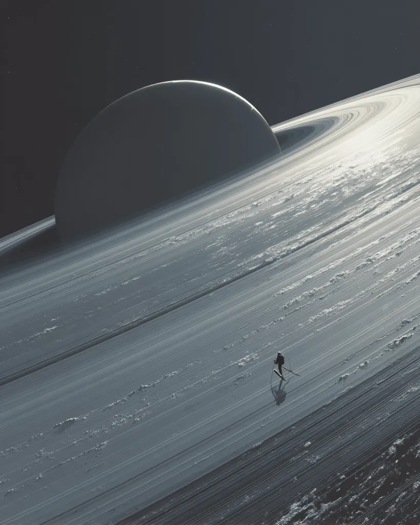A lone figure cross-country skis across the vast, icy surface of a planet's ring.  The ring, expansive and textured, curves around a partially visible, dark orb.  The scene is monochromatic, with shades of grey and white dominating, creating a stark and desolate yet beautiful extraterrestrial landscape.  The small figure emphasizes the immense scale of the celestial body.