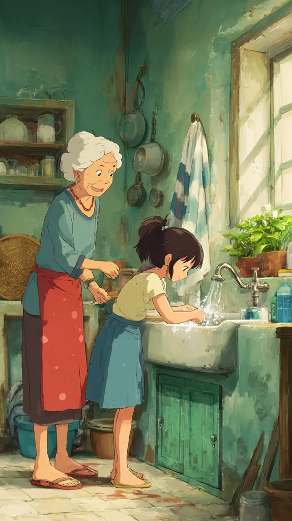 A young girl washes her hands at a vintage sink in a rustic kitchen, supervised by a kind-looking elderly woman.  The kitchen is filled with old-fashioned charm, featuring worn walls, hanging pots, and a window letting in sunlight.  The scene evokes a feeling of warmth and simplicity, possibly from an animated film. The girl wears a simple dress and the older woman a reddish apron.  The overall tone is peaceful and nostalgic.