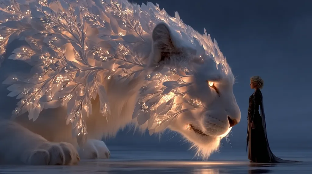 A majestic, luminous white lion, adorned with glowing, ethereal branches and leaves, faces a woman in a dark gown.  The scene is serene and mystical, bathed in soft, warm light. The lion's eyes shine with an inner glow, mirroring the woman's contemplative gaze. The artwork evokes a sense of wonder and connection between the human and the fantastical creature.