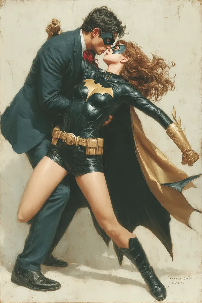 A painting depicts Batgirl and a man in a suit sharing a passionate kiss. Batgirl, in her signature black and gold costume, wraps her legs around the man's waist.  He wears a dark suit and a mask, mirroring her own. The style is reminiscent of classic comic book art, with a focus on dramatic poses and rich colors.  The background is a muted beige, emphasizing the figures in the foreground.