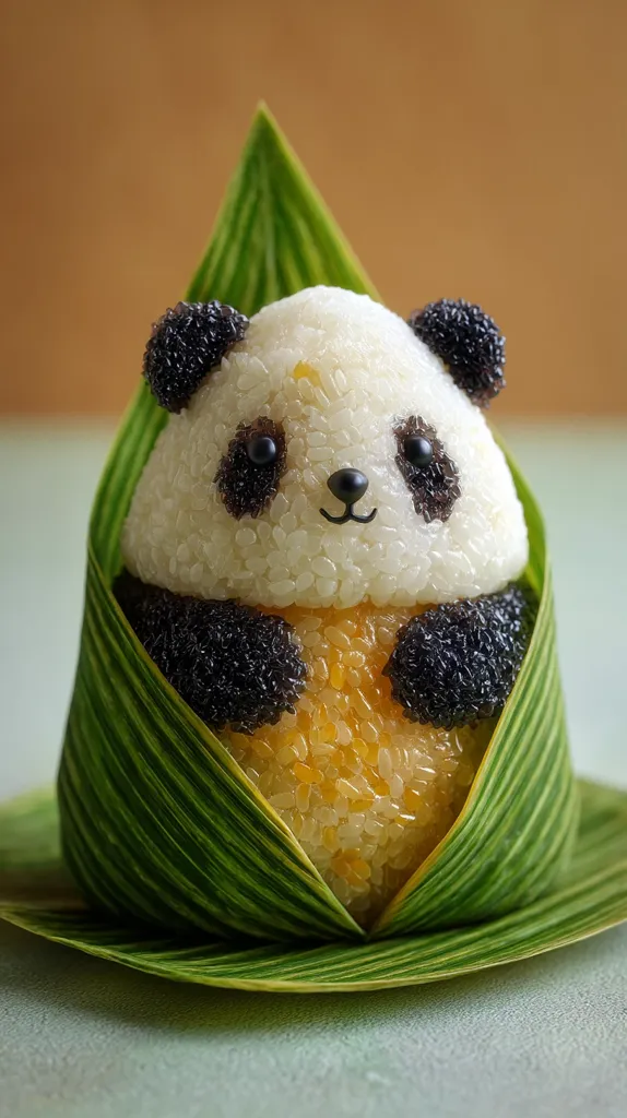 An adorable panda-shaped rice ball is nestled within a vibrant green leaf.  The panda's features are meticulously crafted using small black grains, creating a charming and whimsical food art piece.  The rice ball itself appears to be two-toned, possibly incorporating different types of rice or grains.  The overall presentation is delicate and visually appealing.