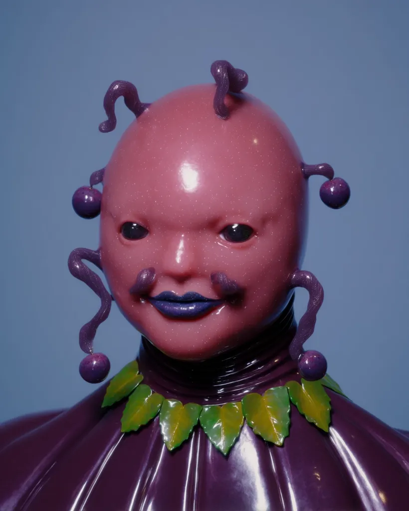 A digital rendering depicts a stylized figure with a pink, glossy head resembling a baby's face, adorned with purple, tentacle-like appendages ending in small spheres.  The figure wears a deep purple, shiny garment with a green leaf-shaped collar. The overall aesthetic is surreal and somewhat unsettling, combining childlike features with otherworldly elements.  The background is a solid, muted blue.