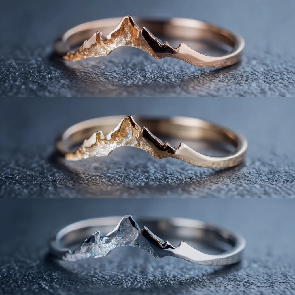 Three close-up images showcase a minimalist ring featuring a mountain range design.  The top ring is rose gold, the middle is yellow gold, and the bottom is white gold, highlighting the versatility of the design in different precious metal finishes.  Each ring rests on a dark gray textured surface. The focus is sharp, emphasizing the intricate detail of the mountain silhouette.