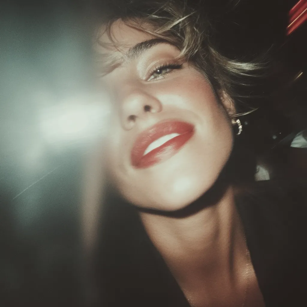 Close-up shot of a woman's face, partially obscured by a lens flare.  Her expression is alluring, with full lips painted red and subtly defined eyes.  She has blonde hair, styled loosely around her face.  The image has a vintage, slightly grainy aesthetic, suggesting a nighttime setting.  A hint of a gold earring is visible.