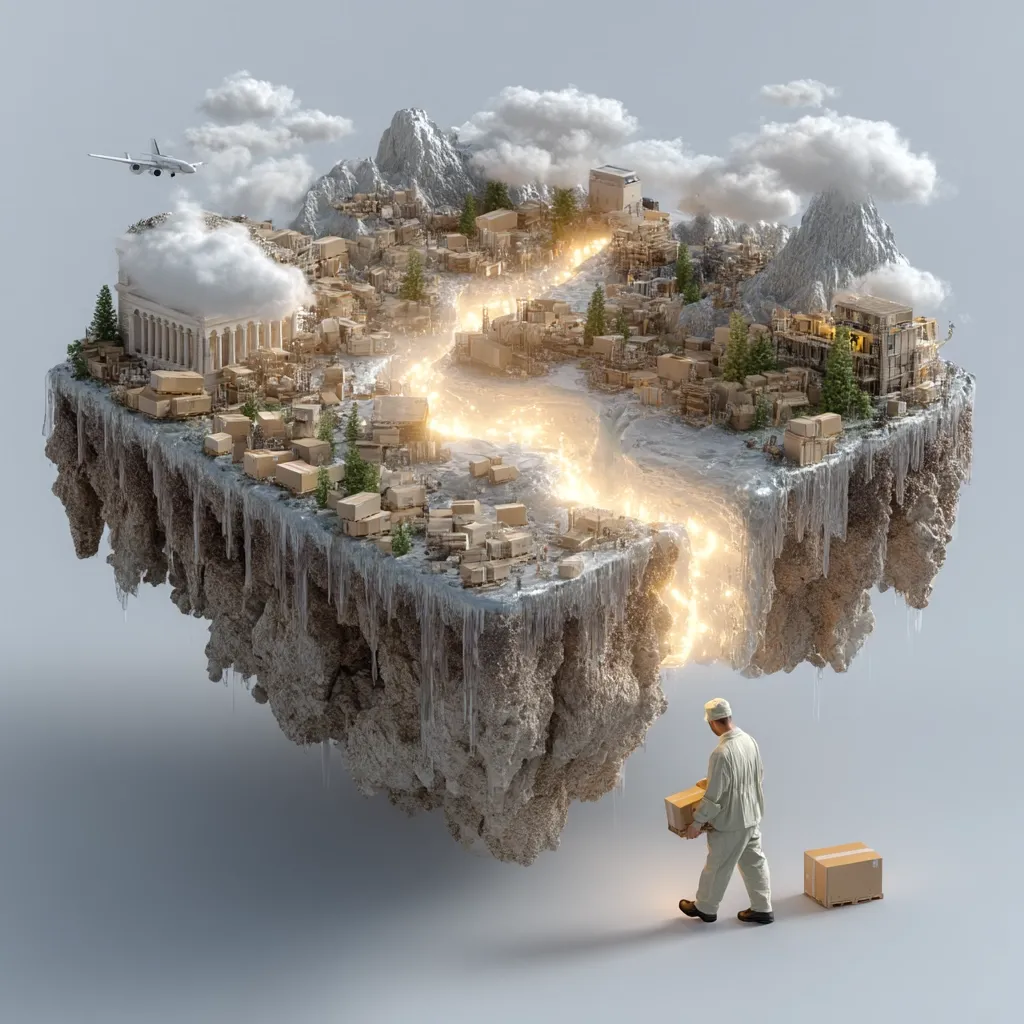 A surreal image depicts a floating island city composed of cardboard boxes, miniature buildings, and snow-capped mountains. A glowing river-like stream bisects the island.  A delivery worker, carrying a package, stands near the island's edge, suggesting a global delivery network. An airplane flies overhead, adding to the fantastical, yet logistical theme.  The scene is set against a neutral gray backdrop.
