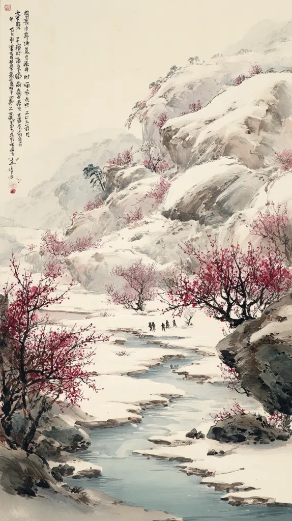 A serene winter landscape unfolds, depicted in a traditional East Asian painting style.  A meandering stream flows through a snow-covered valley, flanked by rocky outcrops adorned with blossoming plum trees.  Small figures are visible along the stream's edge, adding a sense of scale and human presence to the scene. The overall effect is one of quiet beauty and tranquility.